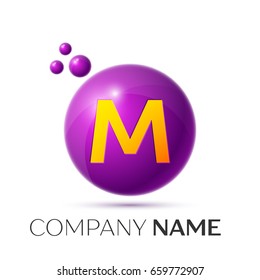 Realistic letter M splash logo. Purple dots and circle bubble letter design on grey background. Vector Illustration