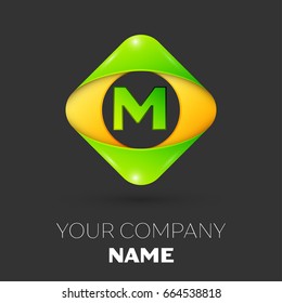 Realistic Letter M vector logo symbol in the colorful rhombus on black background. Vector template for your design