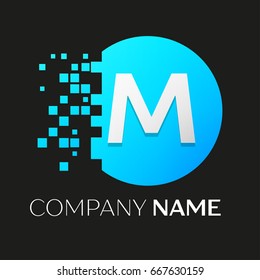 Realistic letter M vector logo symbol in the colorful circle with shattered blocks on black background. Pixel Motion. Vector template for your design