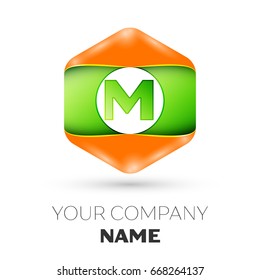 Realistic Letter M vector logo symbol in the colorful hexagonal on white background. Vector template for your design
