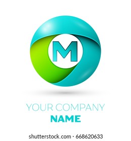 Realistic letter M vector logo symbol in the colorful circle on white background. Vector template for your design
