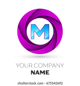 Realistic Letter M vector logo symbol in the colorful circle on white background. Vector template for your design