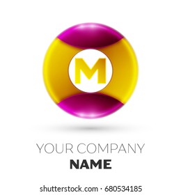 Realistic Letter M vector logo symbol in the colorful circle on white background. Vector template for your design
