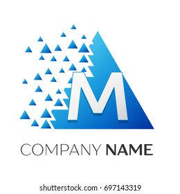 Realistic letter M vector logo symbol in the colorful triangle with shattered blocks on white background. Vector template for your design