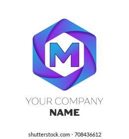 Realistic Letter M vector logo symbol in the colorful hexagonal on white background. Vector template for your design