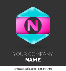 Realistic Letter N vector logo symbol in the colorful hexagonal on black background. Vector template for your design