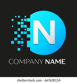 Realistic letter N vector logo symbol in the colorful circle with shattered blocks on black background. Pixel Motion. Vector template for your design