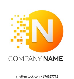 Realistic letter N vector logo symbol in the colorful circle with shattered blocks on white background. Pixel Motion. Vector template for your design