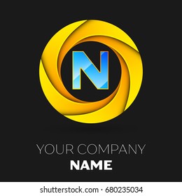 Realistic Letter N vector logo symbol in the colorful circle on black background. Vector template for your design