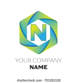 Realistic Letter N vector logo symbol in the colorful hexagonal on white background. Vector template for your design