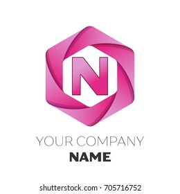 Realistic Letter N vector logo symbol in the colorful hexagonal on white background. Vector template for your design