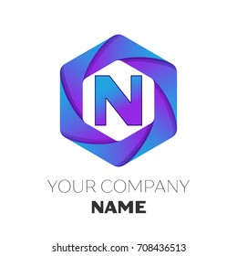 Realistic Letter N vector logo symbol in the colorful hexagonal on white background. Vector template for your design