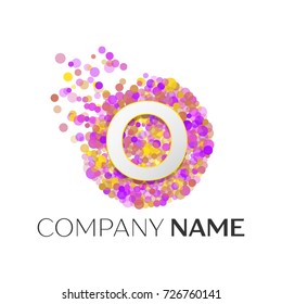 Realistic Letter O logo with red, purle, yellow particles and bubble dots in circle on white background. Vector template for your design
