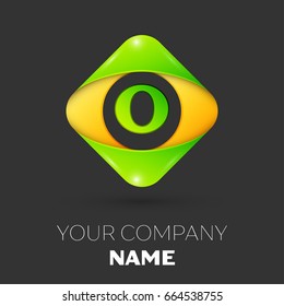 Realistic Letter O vector logo symbol in the colorful rhombus on black background. Vector template for your design