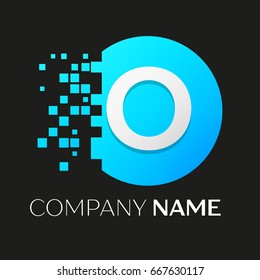 Realistic letter O vector logo symbol in the colorful circle with shattered blocks on black background. Pixel Motion. Vector template for your design
