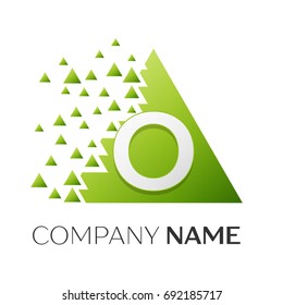 Realistic letter O vector logo symbol in the colorful triangle with shattered blocks on white background. Vector template for your design
