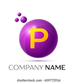 Realistic letter P splash logo. Purple dots and circle bubble letter design on grey background. Vector Illustration
