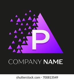 Realistic letter P vector logo symbol in the colorful triangle with shattered blocks on black background. Vector template for your design