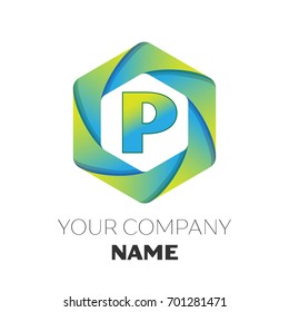 Realistic Letter P vector logo symbol in the colorful hexagonal on white background. Vector template for your design