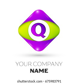 Realistic Letter Q vector logo symbol in the colorful rhombus on white background. Vector template for your design