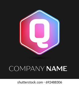 Realistic Letter Q vector logo symbol in the colorful hexagonal on black background. Vector template for your design
