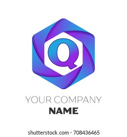 Realistic Letter Q vector logo symbol in the colorful hexagonal on white background. Vector template for your design