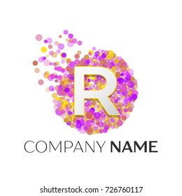 Realistic Letter R logo with red, purle, yellow particles and bubble dots in circle on white background. Vector template for your design