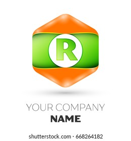 Realistic Letter R vector logo symbol in the colorful hexagonal on white background. Vector template for your design