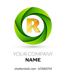 Realistic Letter R vector logo symbol in the colorful circle on white background. Vector template for your design