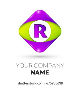 Realistic Letter R vector logo symbol in the colorful rhombus on white background. Vector template for your design