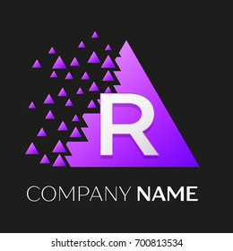 Realistic letter R vector logo symbol in the colorful triangle with shattered blocks on black background. Vector template for your design