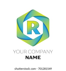 Realistic Letter R vector logo symbol in the colorful hexagonal on white background. Vector template for your design