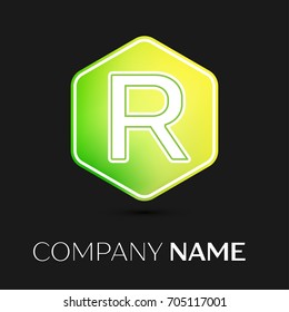 Realistic Letter R vector logo symbol in the colorful hexagonal on black background. Vector template for your design