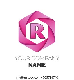 Realistic Letter R vector logo symbol in the colorful hexagonal on white background. Vector template for your design