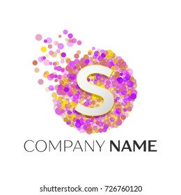 Realistic Letter S logo with red, purle, yellow particles and bubble dots in circle on white background. Vector template for your design