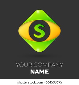 Realistic Letter S vector logo symbol in the colorful rhombus on black background. Vector template for your design