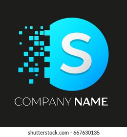 Realistic letter S vector logo symbol in the colorful circle with shattered blocks on black background. Pixel Motion. Vector template for your design