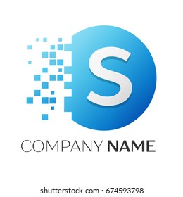 Realistic letter S vector logo symbol in the colorful circle with shattered blocks on white background. Vector template for your design