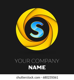Realistic Letter S vector logo symbol in the colorful circle on black background. Vector template for your design