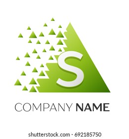 Realistic letter S vector logo symbol in the colorful triangle with shattered blocks on white background. Vector template for your design