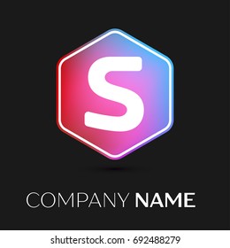 Realistic Letter S vector logo symbol in the colorful hexagonal on black background. Vector template for your design