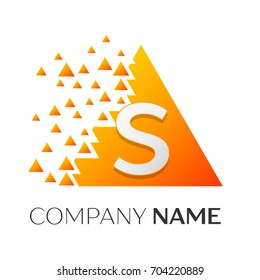 Realistic letter S vector logo symbol in the colorful triangle with shattered blocks on white background. Vector template for your design