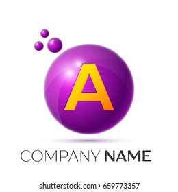 Realistic letter A splash logo. Purple dots and circle bubble letter design on grey background. Vector Illustration