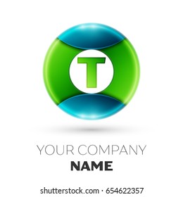 Realistic Letter T vector logo symbol in the colorful circle on white background. Vector template for your design