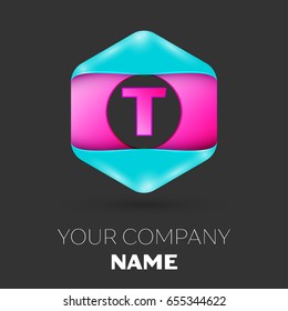 Realistic Letter T vector logo symbol in the colorful hexagonal on black background. Vector template for your design
