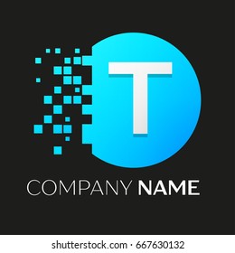 Realistic letter T vector logo symbol in the colorful circle with shattered blocks on black background. Pixel Motion. Vector template for your design