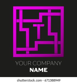 Realistic Letter T vector logo symbol in the colorful square maze on black background. Shadow Breaks. Vector template for your design