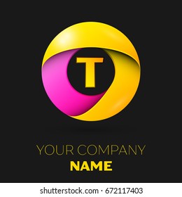 Realistic letter T vector logo symbol in the colorful circle on black background. Vector template for your design