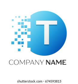 Realistic letter T vector logo symbol in the colorful circle with shattered blocks on white background. Vector template for your design