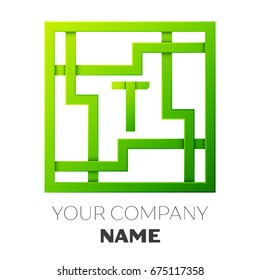 Realistic Letter T vector logo symbol in the colorful square maze on white background. Shadow Breaks. Vector template for your design